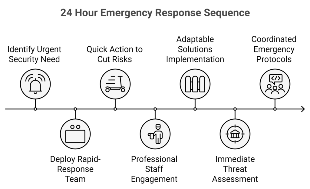 24 Hour Emergency Response Sequence timeline showing seven steps with icons