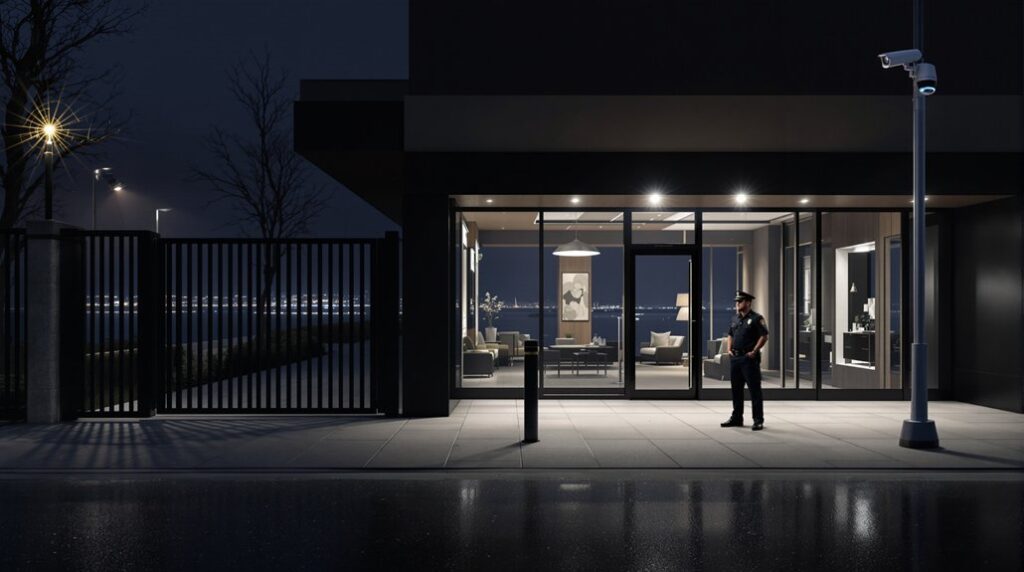 potential security guard outside building at night