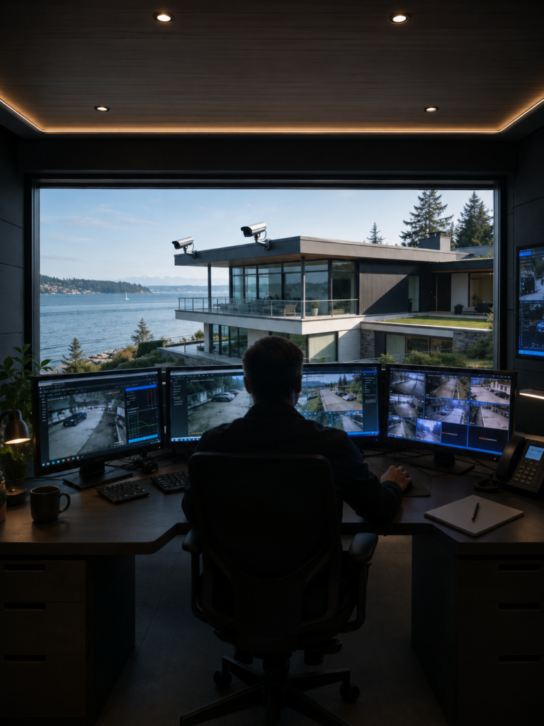 home office overlooking water with life monitoring services