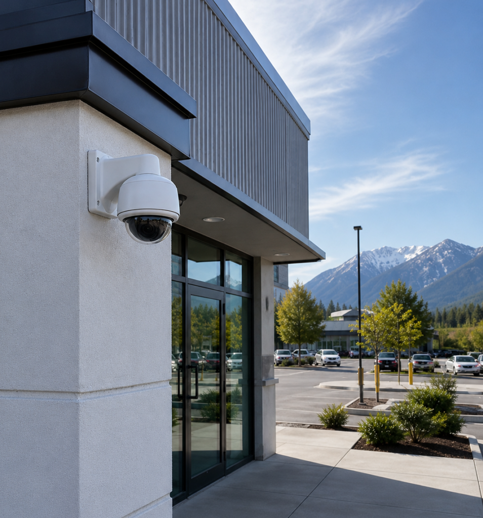 modern storefront with smart security systems and mountains